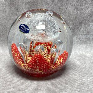 Murano Glass Venezia Ball Paperweight With Red & Gold Design 3.75"